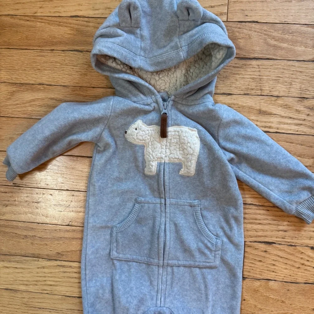 Carters Baby Boys Blue Fleece Polar Bear Hooded Jumpsuit Pram 6 Months